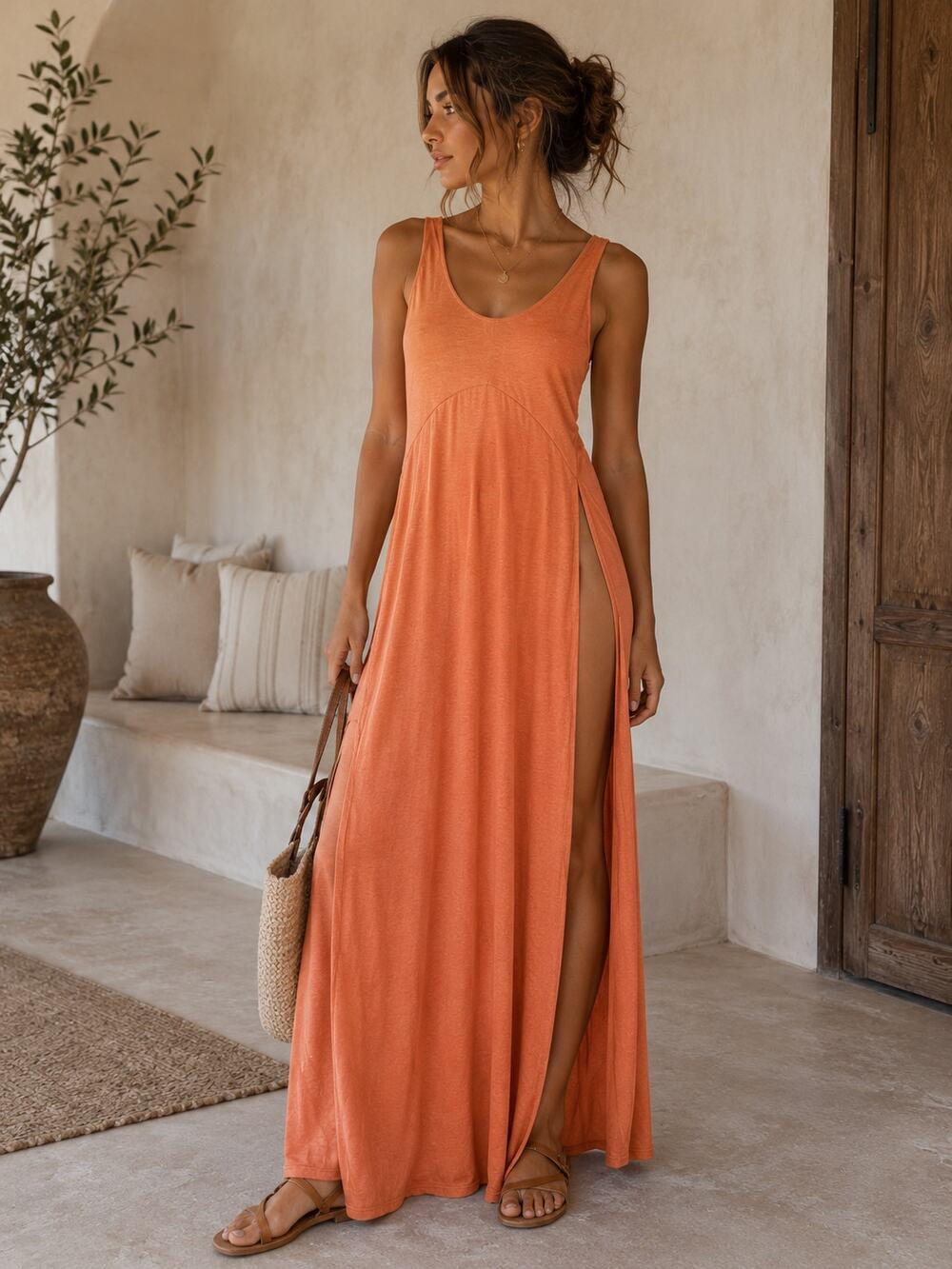 Halara Orange Side Slit Maxi Cotton Swim Cover Up Medium